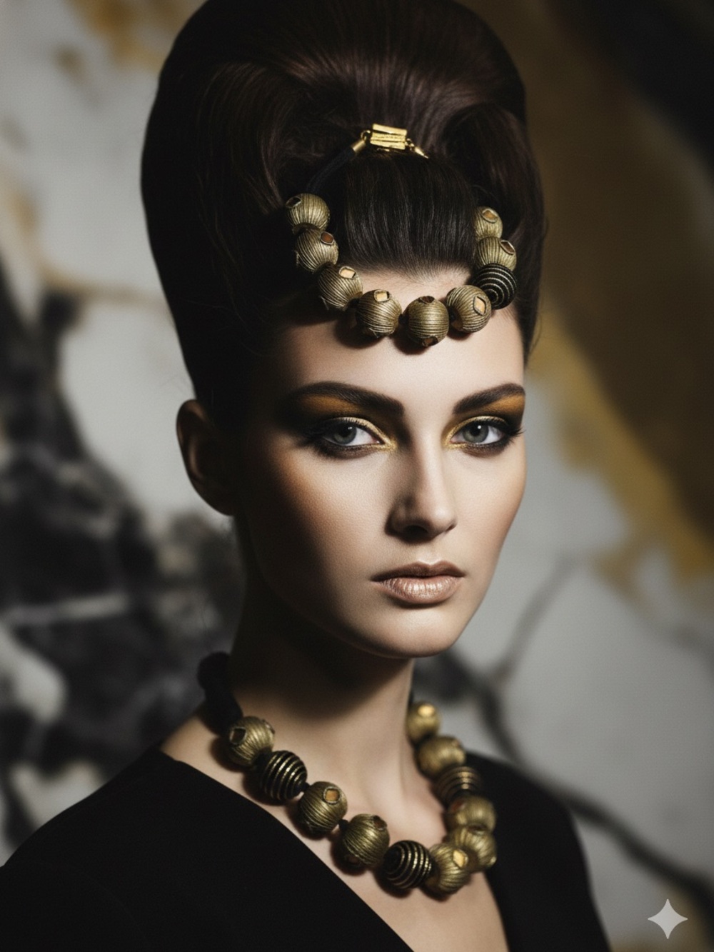 Ugo Correani Choker Runway Necklace Gold & Black Brutalist Silk-Cord Bead Rare